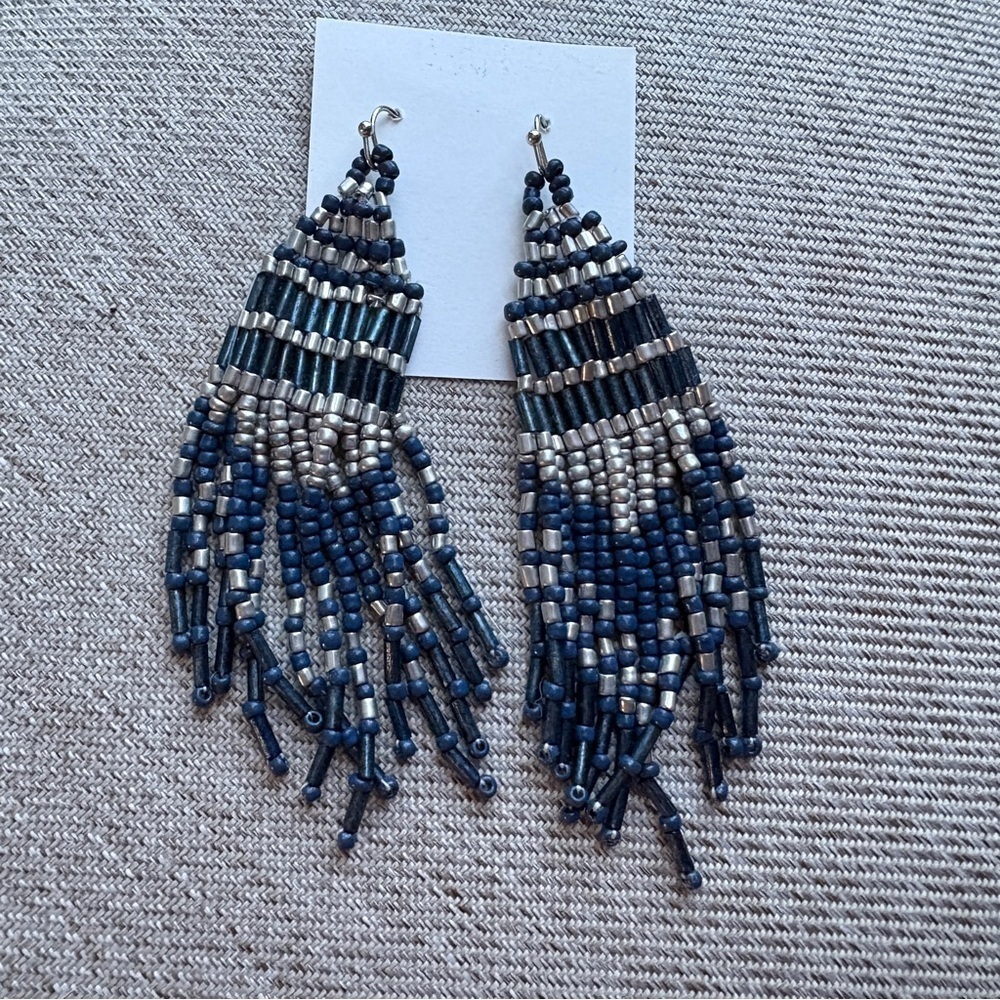 Elegant Beaded Fringe Earrings Handmade Blue Silver